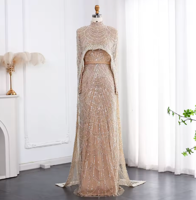 Pearl Long Sleeve Cape Evening Dress