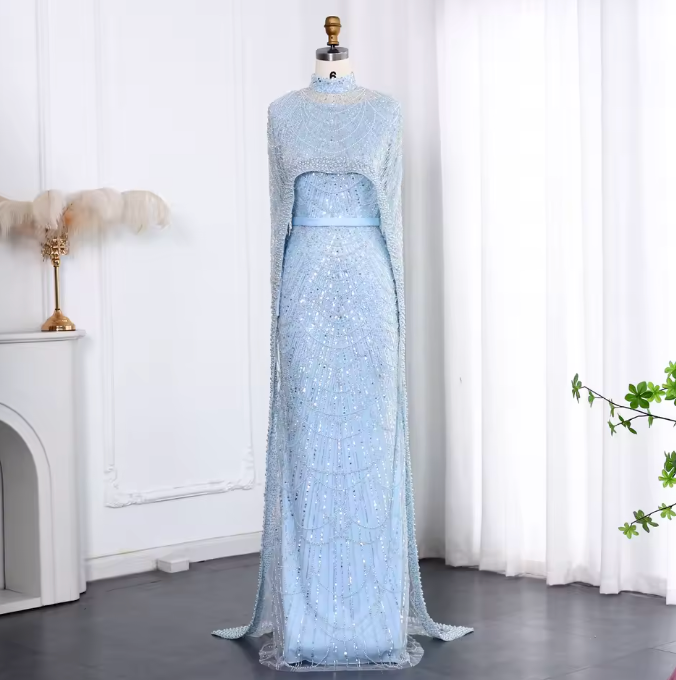 Pearl Long Sleeve Cape Evening Dress