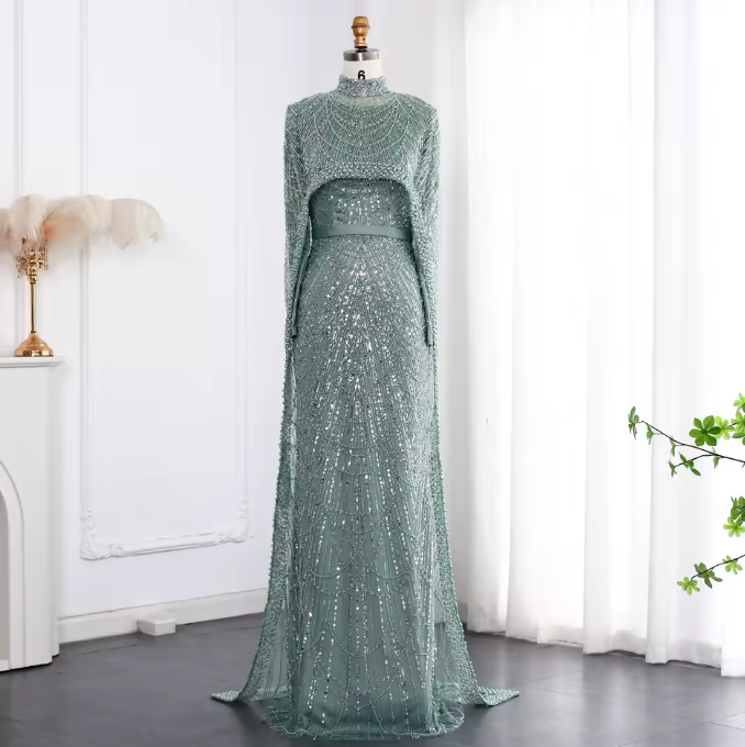 Pearl Long Sleeve Cape Evening Dress
