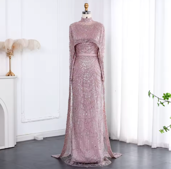 Pearl Long Sleeve Cape Evening Dress