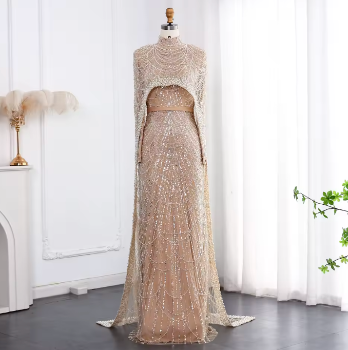 Pearl Long Sleeve Cape Evening Dress