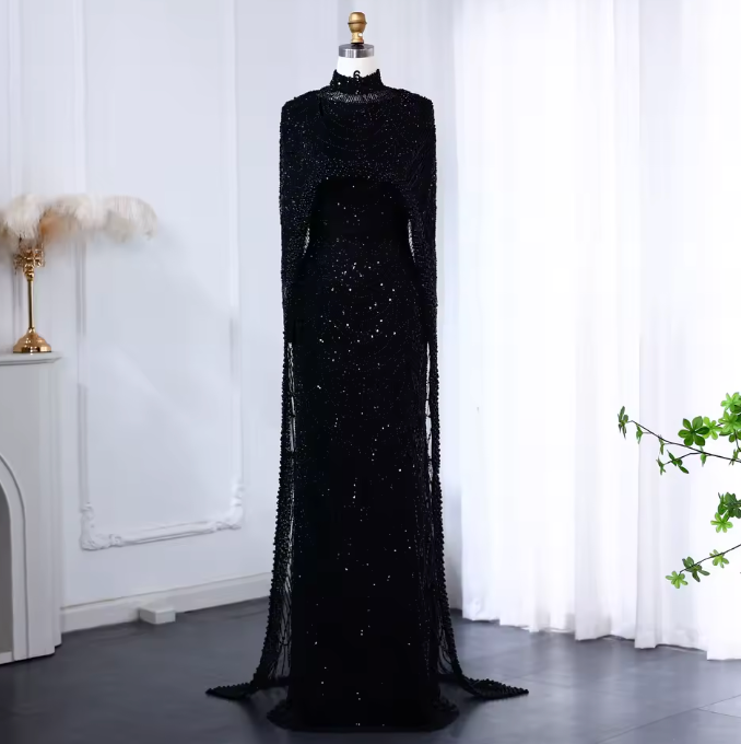 Pearl Long Sleeve Cape Evening Dress