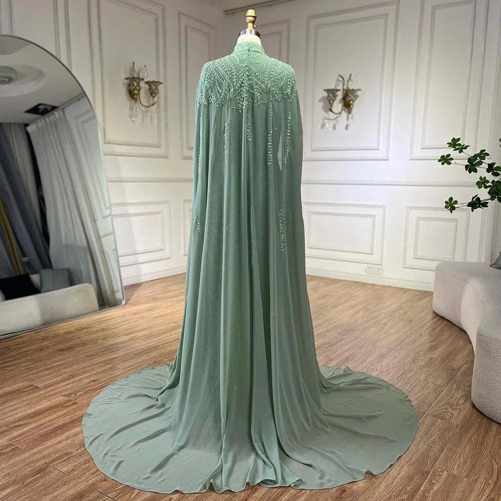 Sage Green Evening Dress with Cape Sleeves – Beaded Satin Party Gown