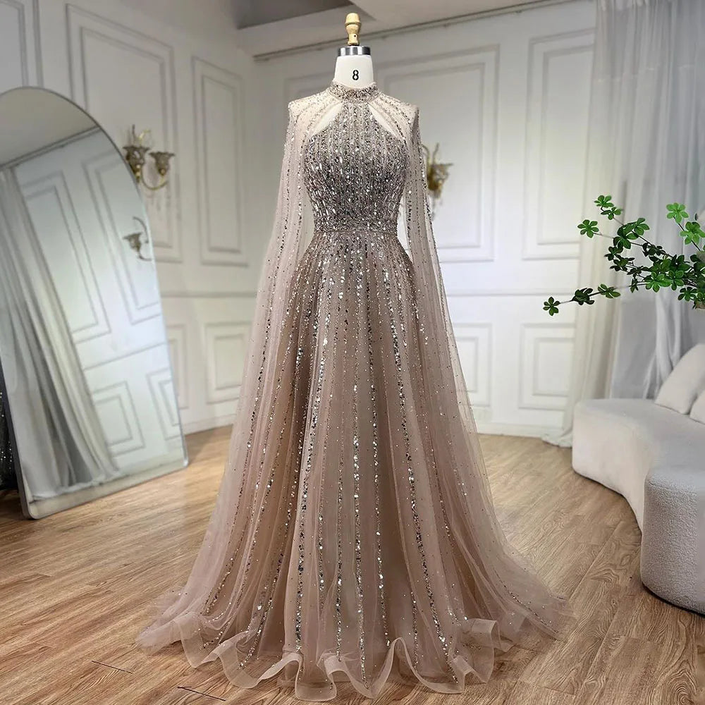 A-Line Evening Dress with Cape Sleeves – Beaded Formal Occasion Gown