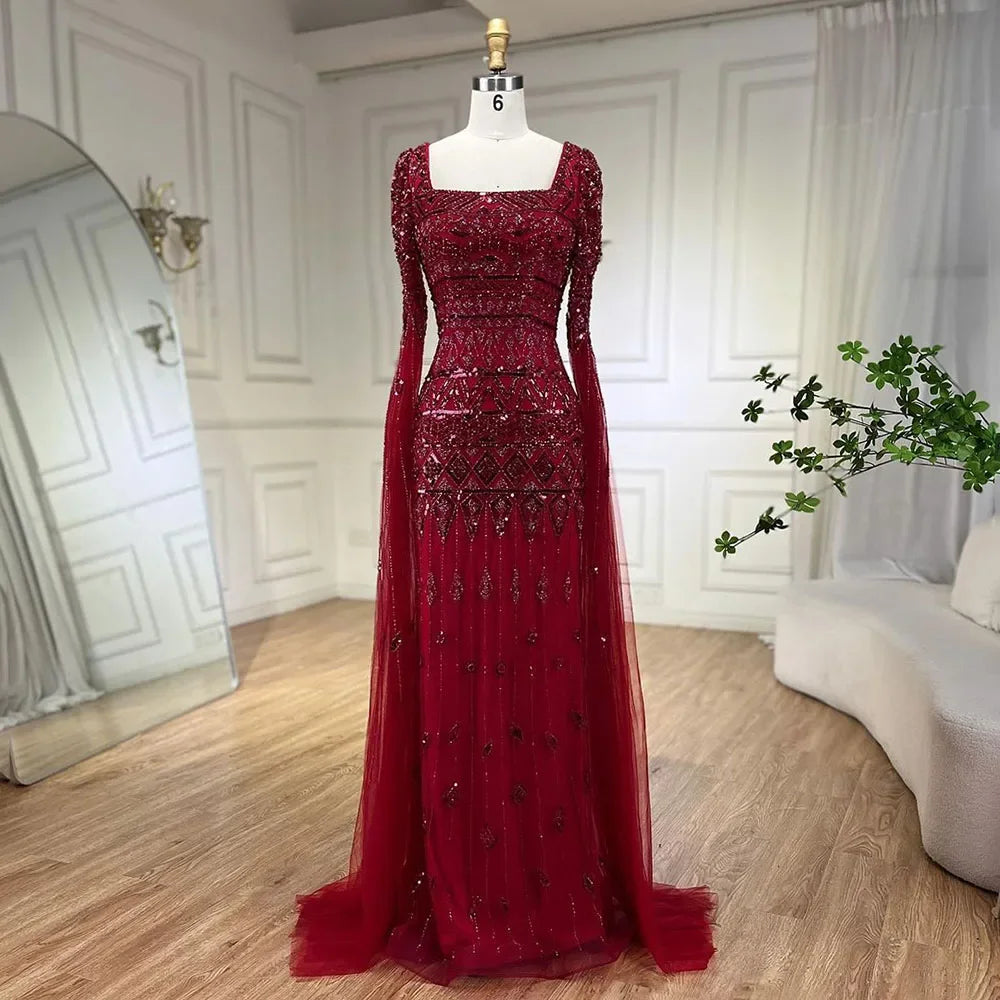 Square Neck Mermaid Evening Dress with Beaded Cape Sleeves