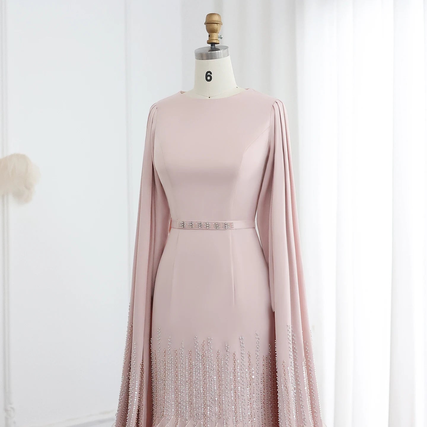 Luxury Mermaid Nude Evening Dress with Cape Sleeves