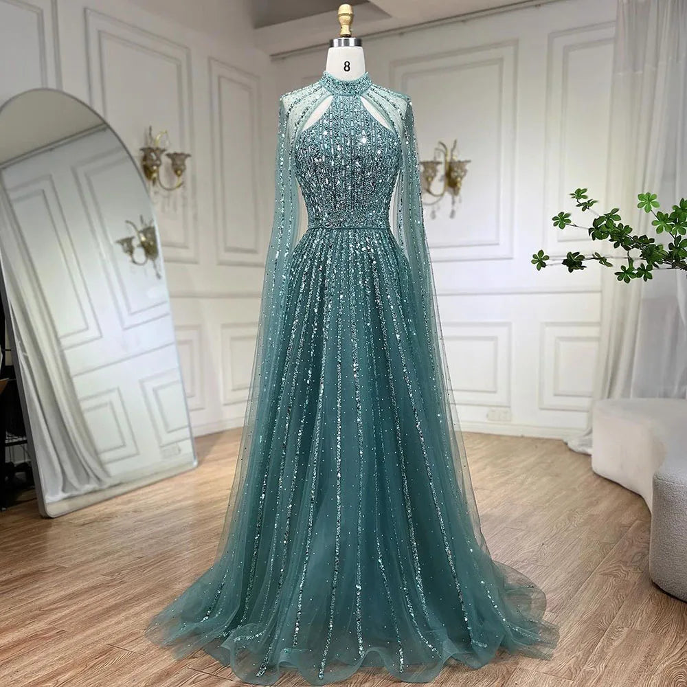 A-Line Evening Dress with Cape Sleeves – Beaded Formal Occasion Gown