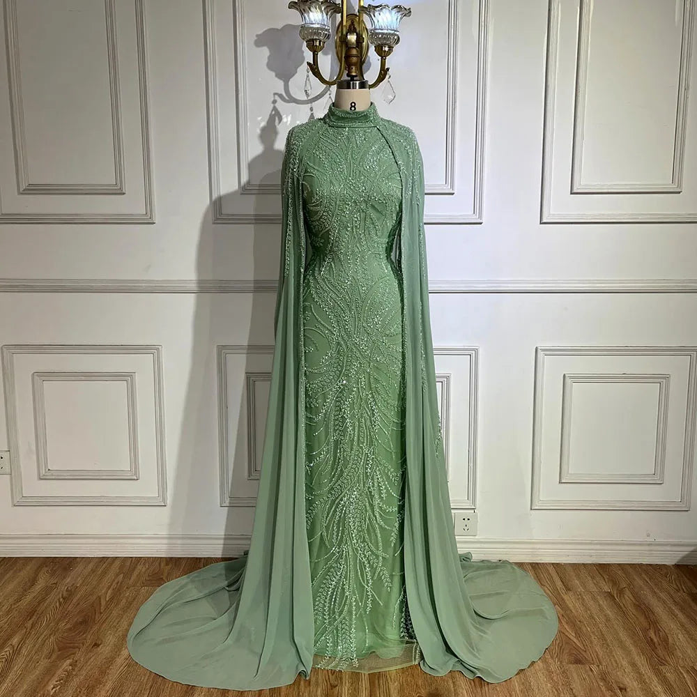 Sage Green Evening Dress with Cape Sleeves – Beaded Satin Party Gown