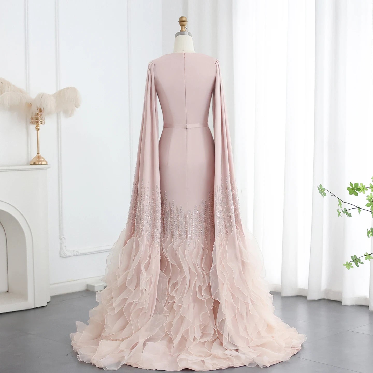 Luxury Mermaid Nude Evening Dress with Cape Sleeves