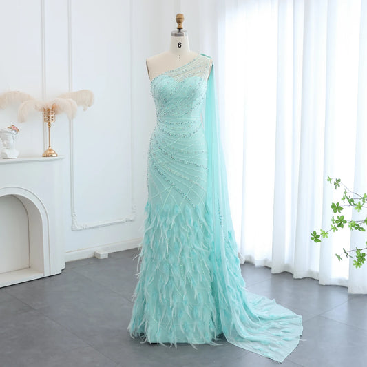 One Shoulder Mermaid Cape Feathered Evening Dress