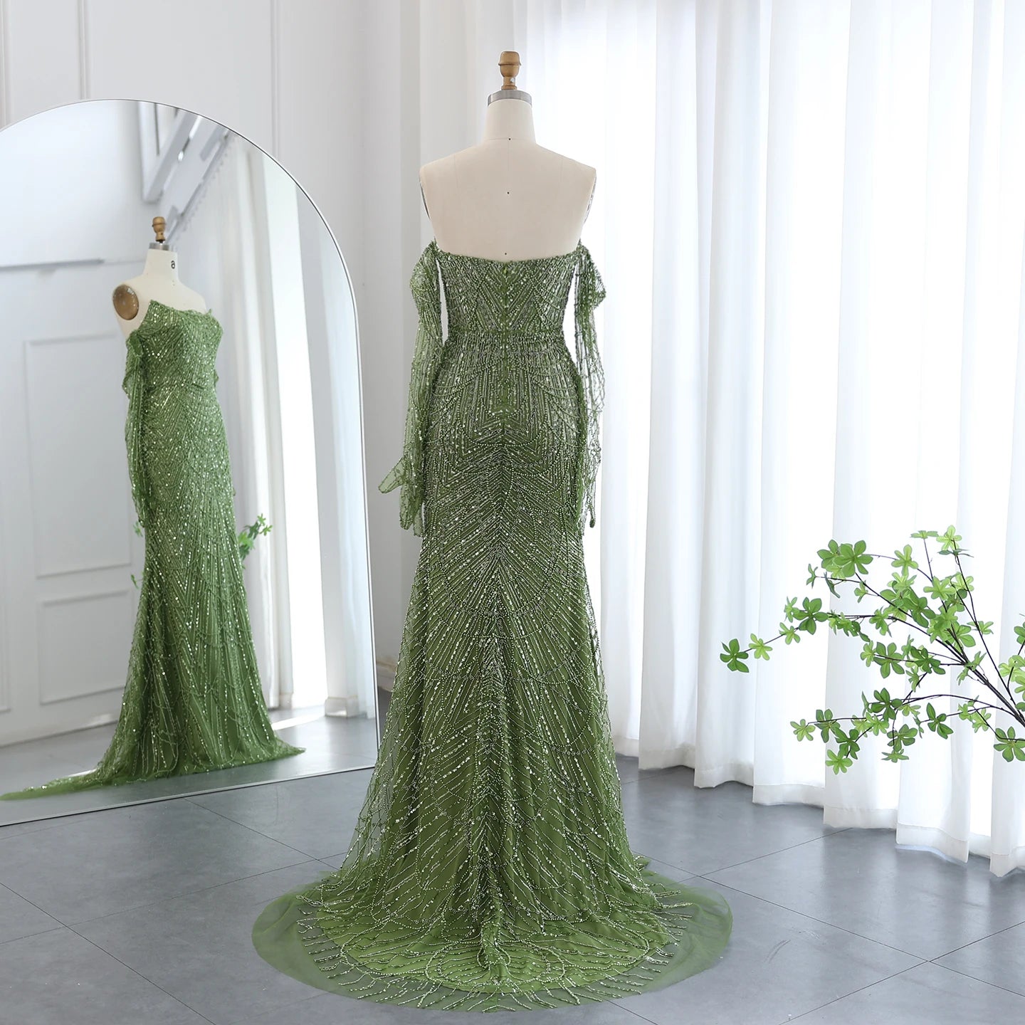 Pearl Mermaid Green Evening Dresses with Gloves