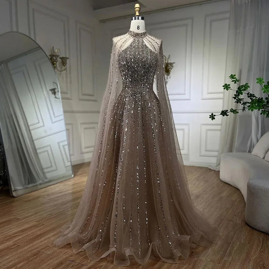 A-Line Evening Dress with Cape Sleeves – Beaded Formal Occasion Gown