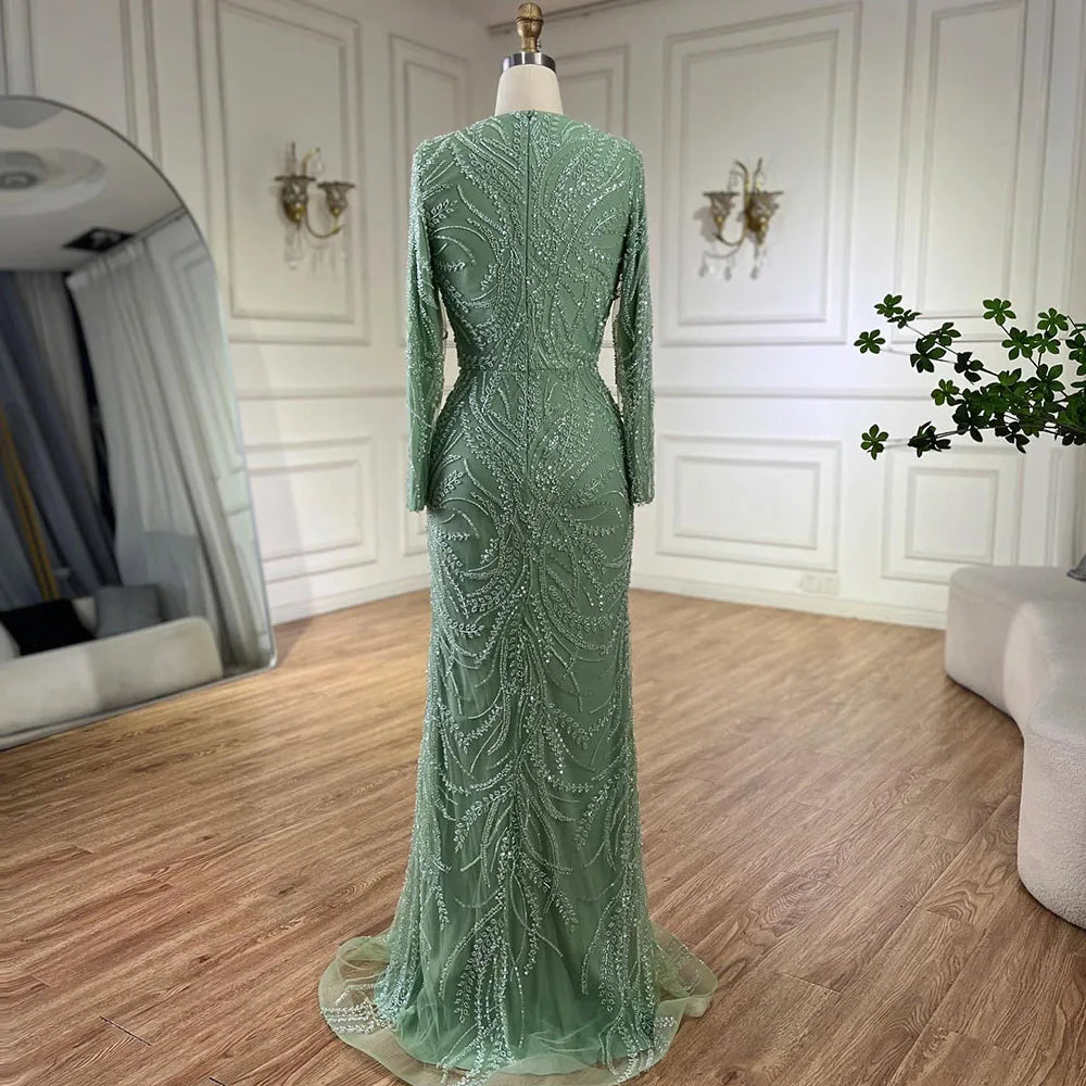 Sage Green Evening Dress with Cape Sleeves – Beaded Satin Party Gown