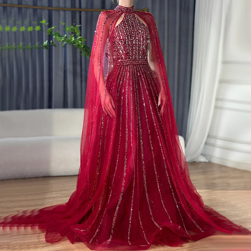 A-Line Evening Dress with Cape Sleeves – Beaded Formal Occasion Gown