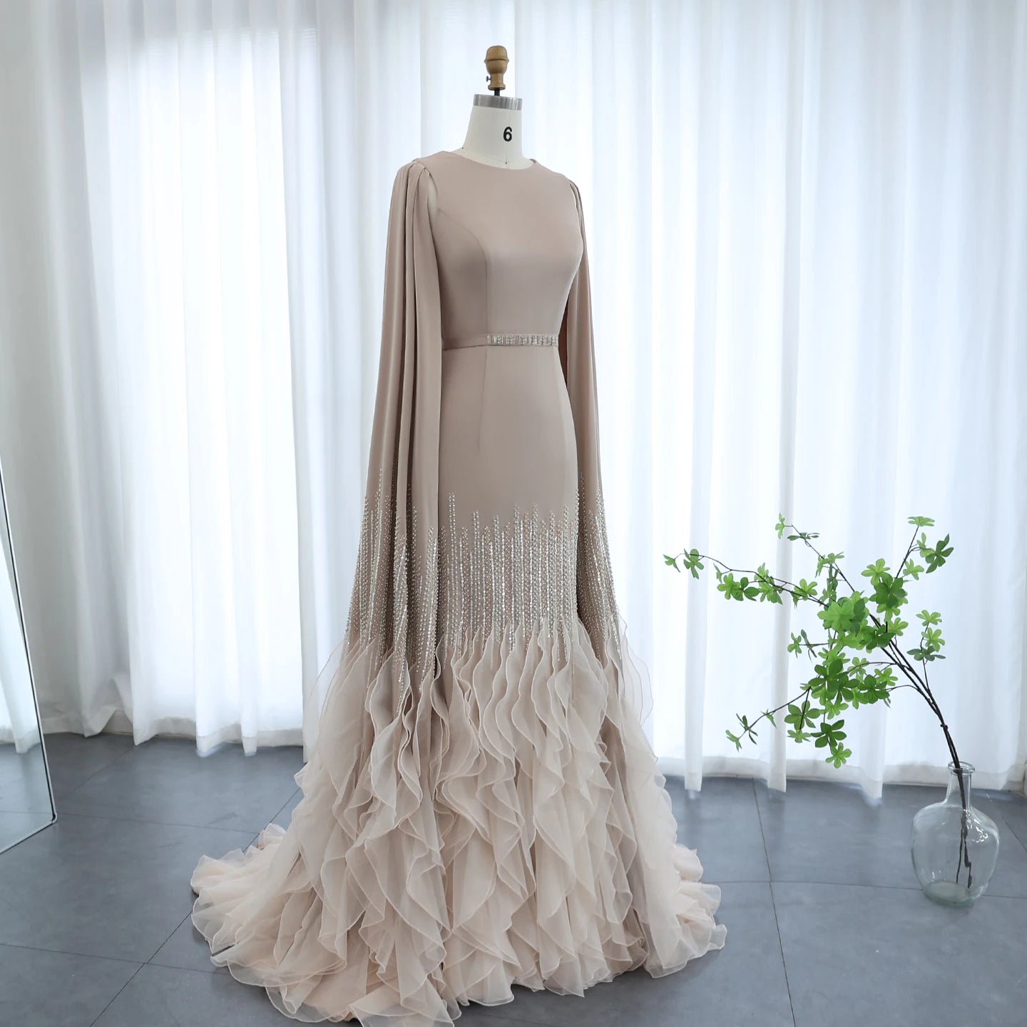 Luxury Mermaid Nude Evening Dress with Cape Sleeves