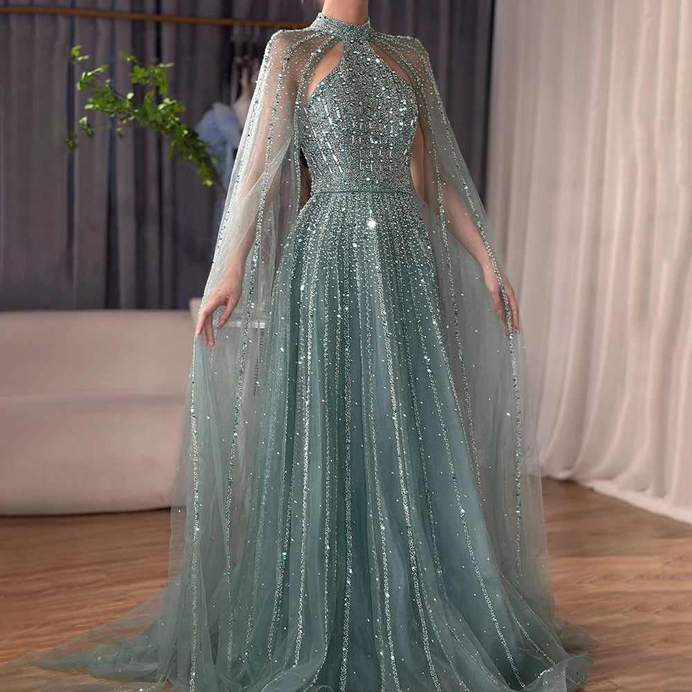 A-Line Evening Dress with Cape Sleeves – Beaded Formal Occasion Gown