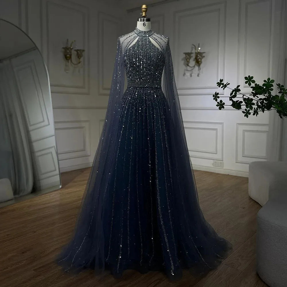 A-Line Evening Dress with Cape Sleeves – Beaded Formal Occasion Gown