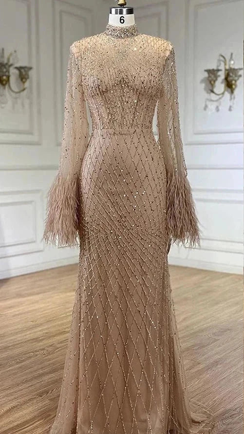 Nude Beaded Feathers Mermaid Evening Dress