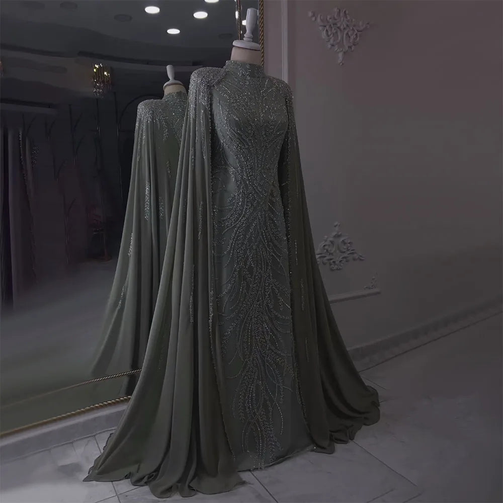 Sage Green Evening Dress with Cape Sleeves – Beaded Satin Party Gown