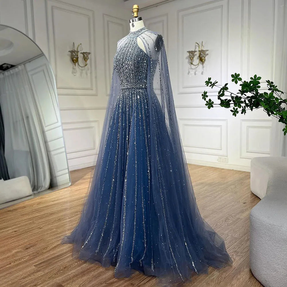 A-Line Evening Dress with Cape Sleeves – Beaded Formal Occasion Gown