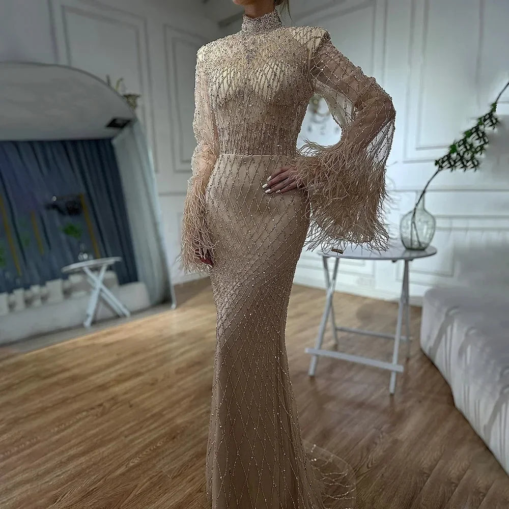 Nude Beaded Feathers Mermaid Evening Dress