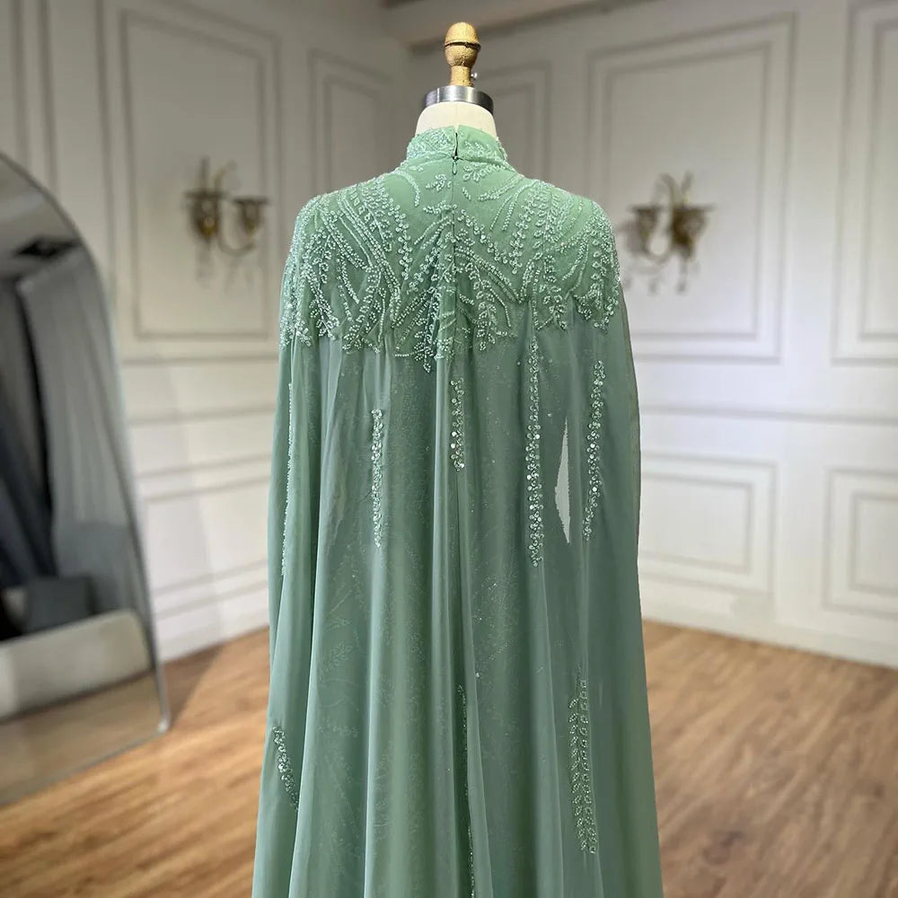 Sage Green Evening Dress with Cape Sleeves – Beaded Satin Party Gown