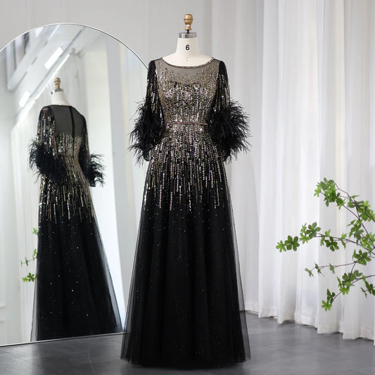 Luxury Feathers Black Evening Dress with Fuchsia Accents