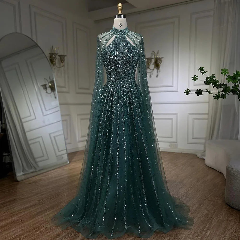 A-Line Evening Dress with Cape Sleeves – Beaded Formal Occasion Gown