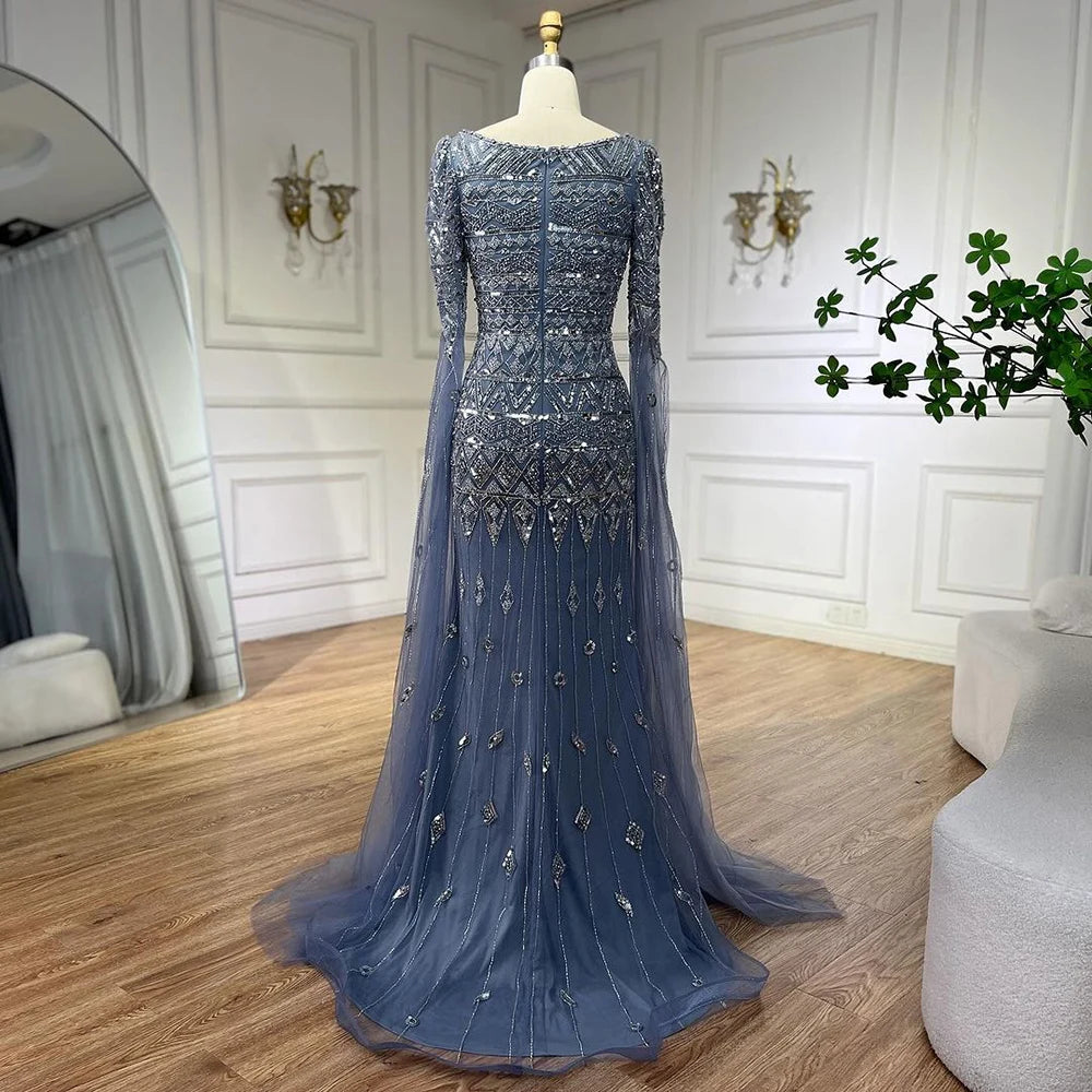 Square Neck Mermaid Evening Dress with Beaded Cape Sleeves