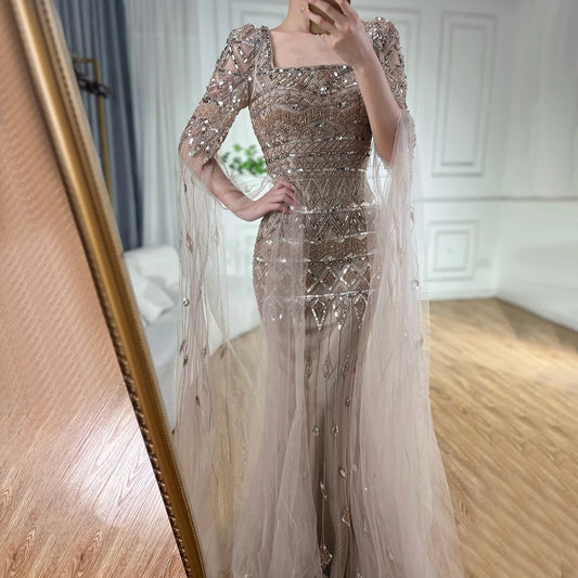 Square Neck Mermaid Evening Dress with Beaded Cape Sleeves