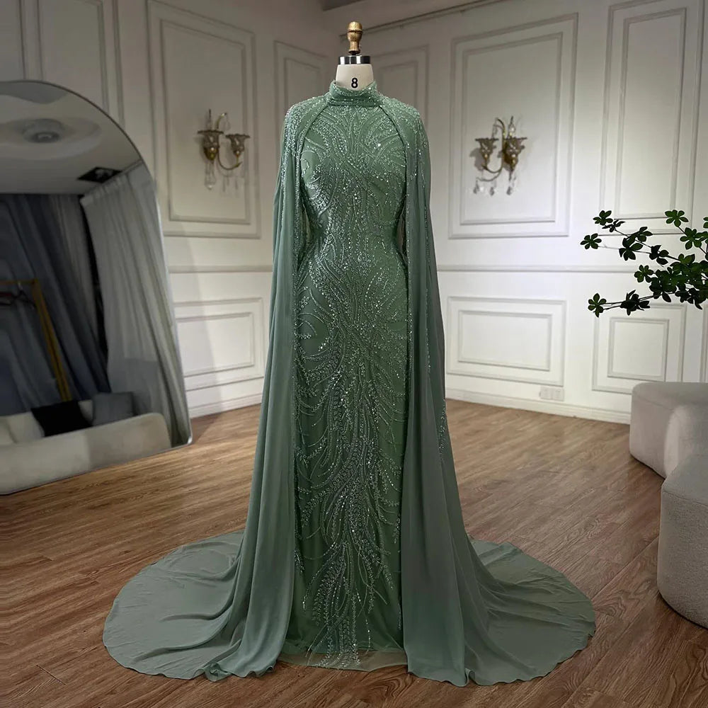 Sage Green Evening Dress with Cape Sleeves – Beaded Satin Party Gown