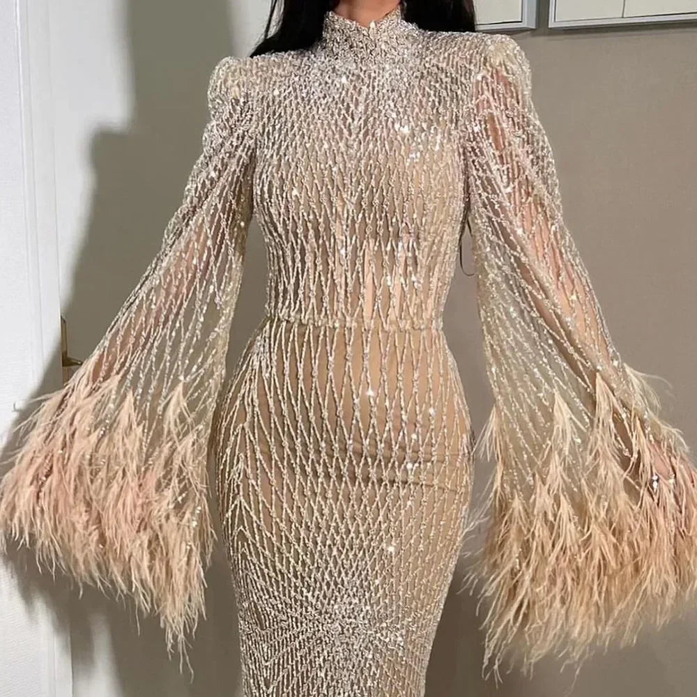 Nude Beaded Feathers Mermaid Evening Dress