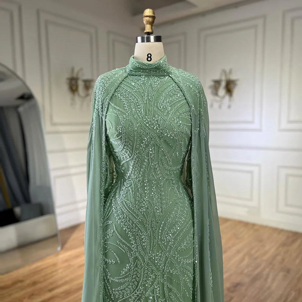 Sage Green Evening Dress with Cape Sleeves – Beaded Satin Party Gown