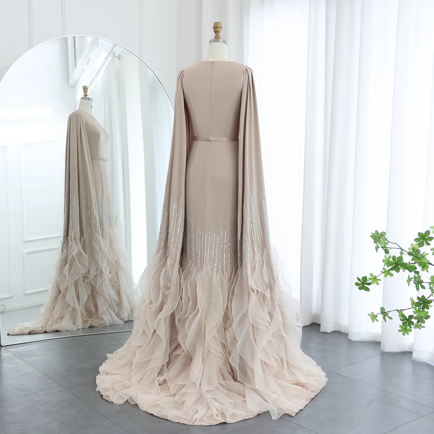 Luxury Mermaid Nude Evening Dress with Cape Sleeves