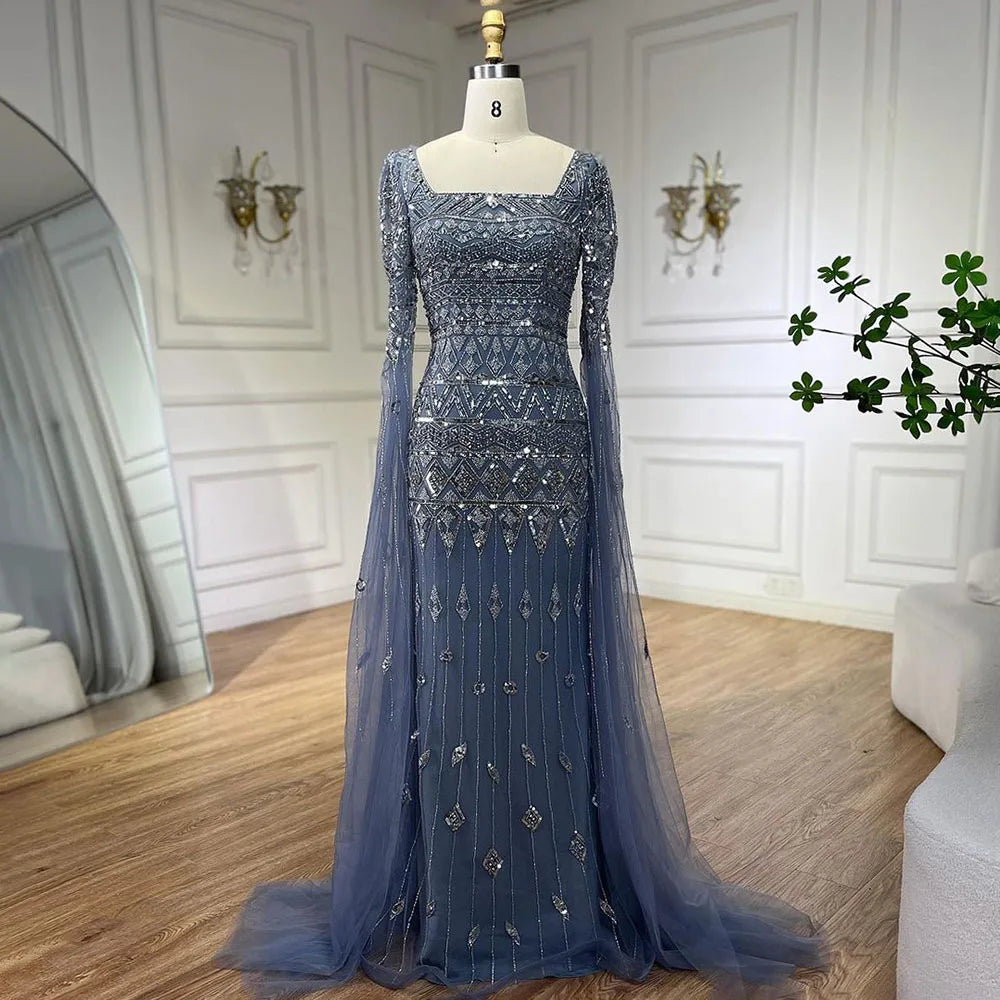 Square Neck Mermaid Evening Dress with Beaded Cape Sleeves