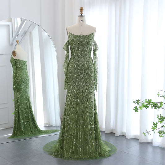 Pearl Mermaid Green Evening Dresses with Gloves