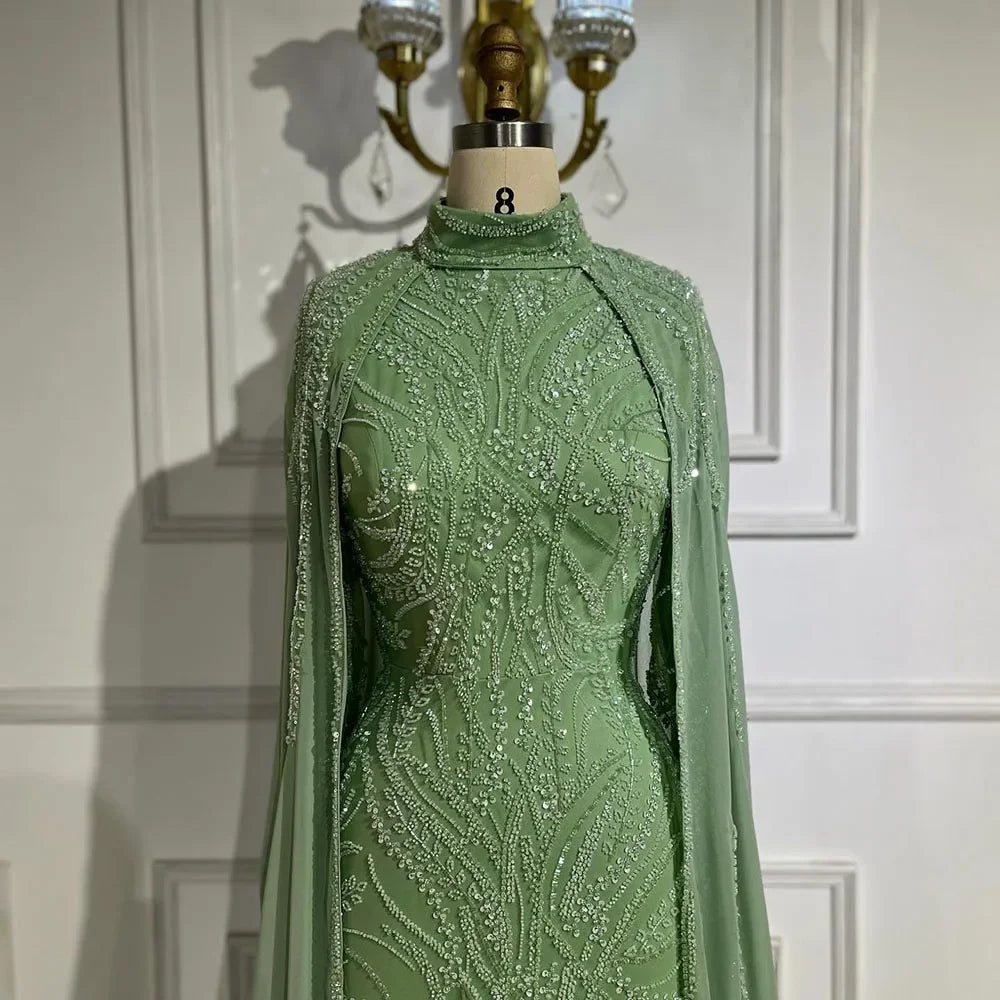 Sage Green Evening Dress with Cape Sleeves – Beaded Satin Party Gown