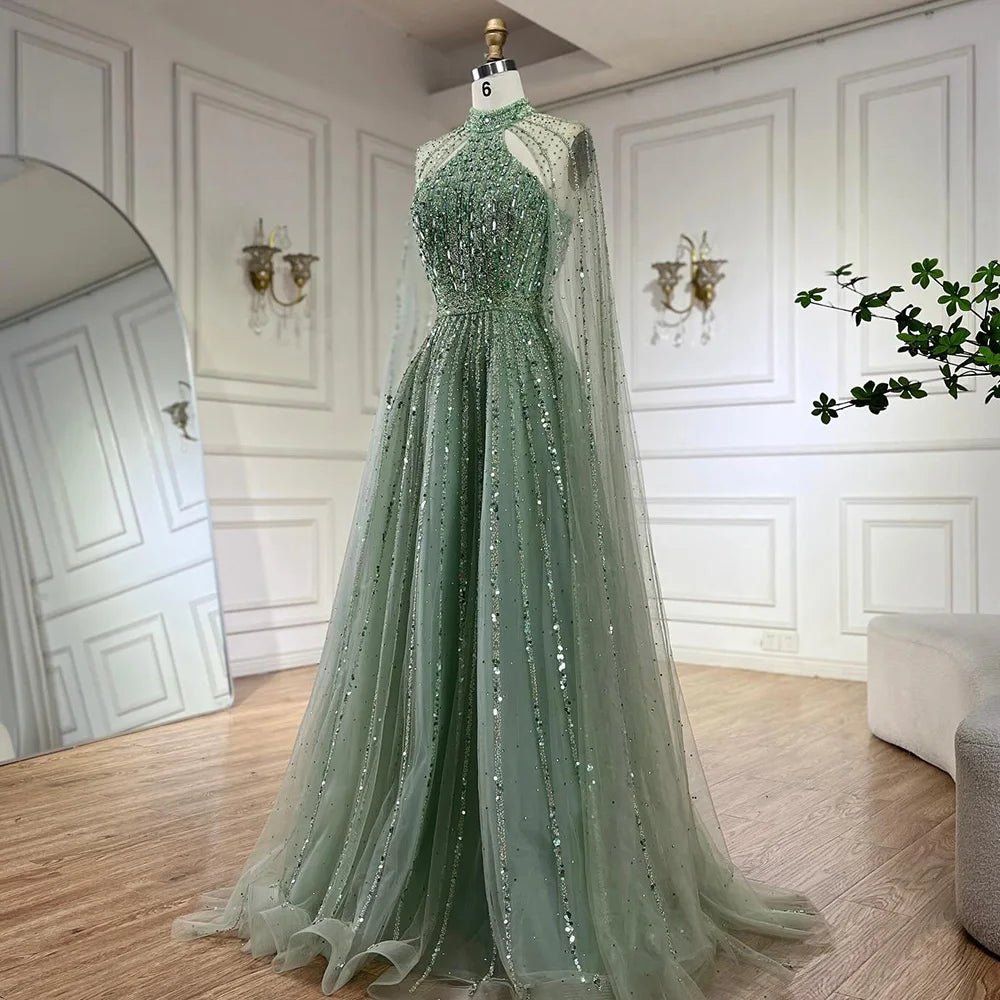 A-Line Evening Dress with Cape Sleeves – Beaded Formal Occasion Gown