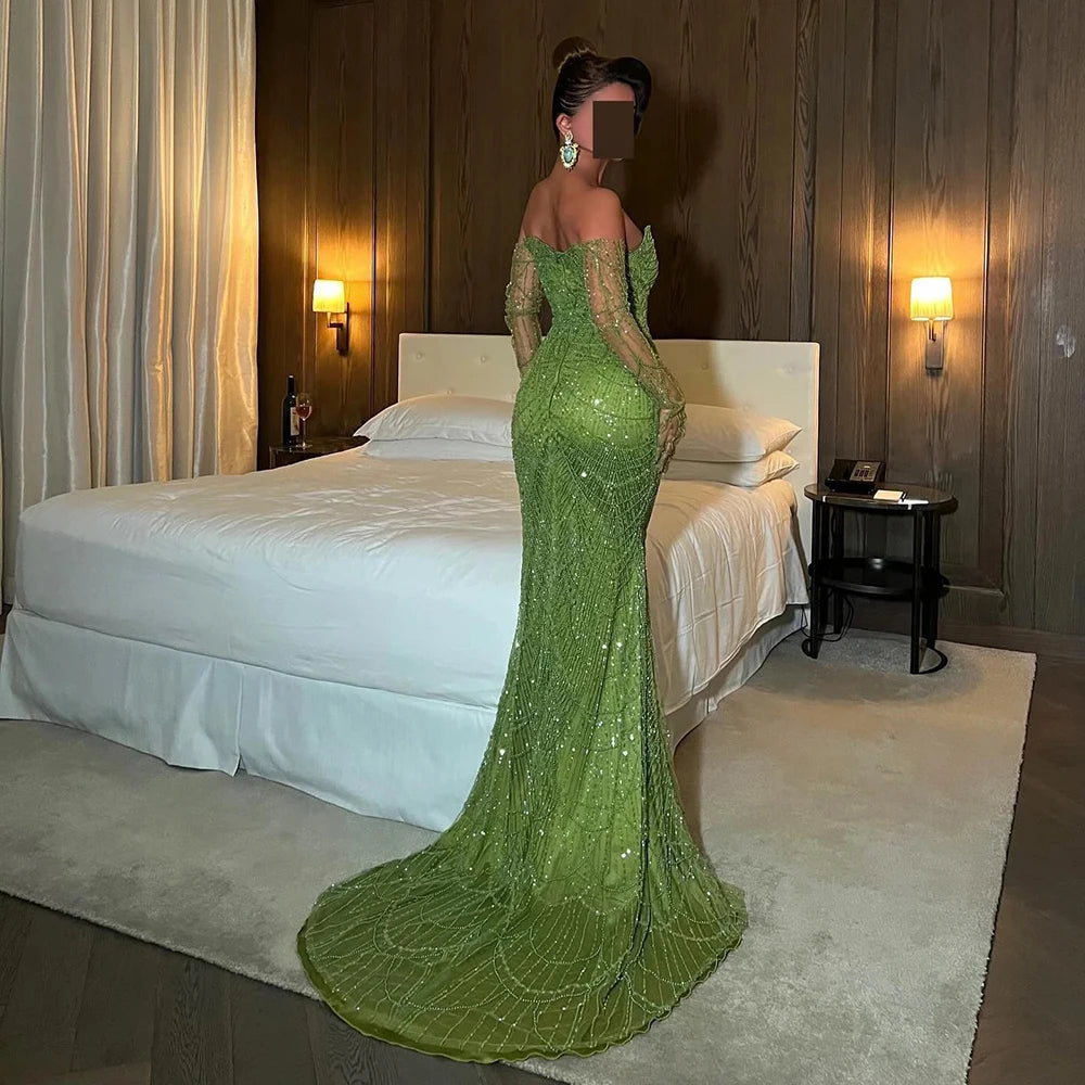 Pearl Mermaid Green Evening Dresses with Gloves