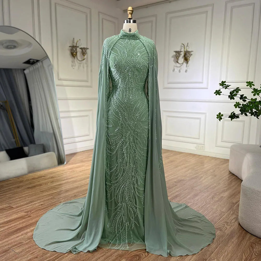 Sage Green Evening Dress with Cape Sleeves – Beaded Satin Party Gown