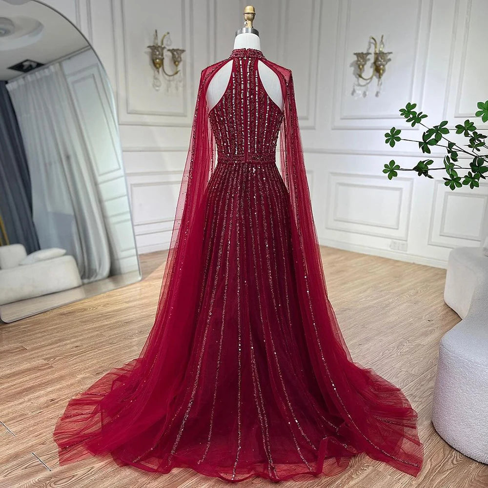 A-Line Evening Dress with Cape Sleeves – Beaded Formal Occasion Gown