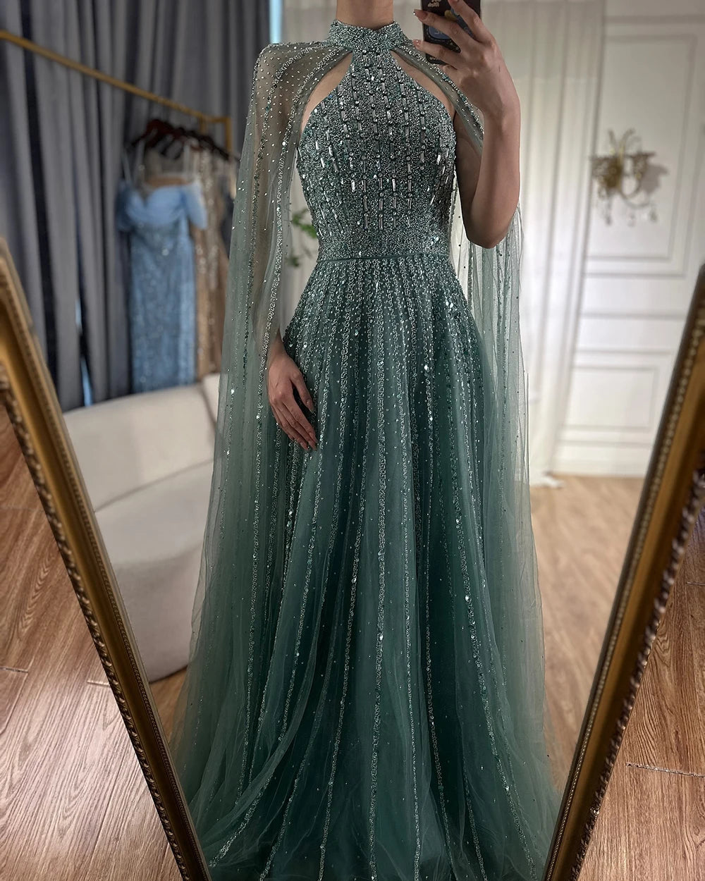 A-Line Evening Dress with Cape Sleeves – Beaded Formal Occasion Gown