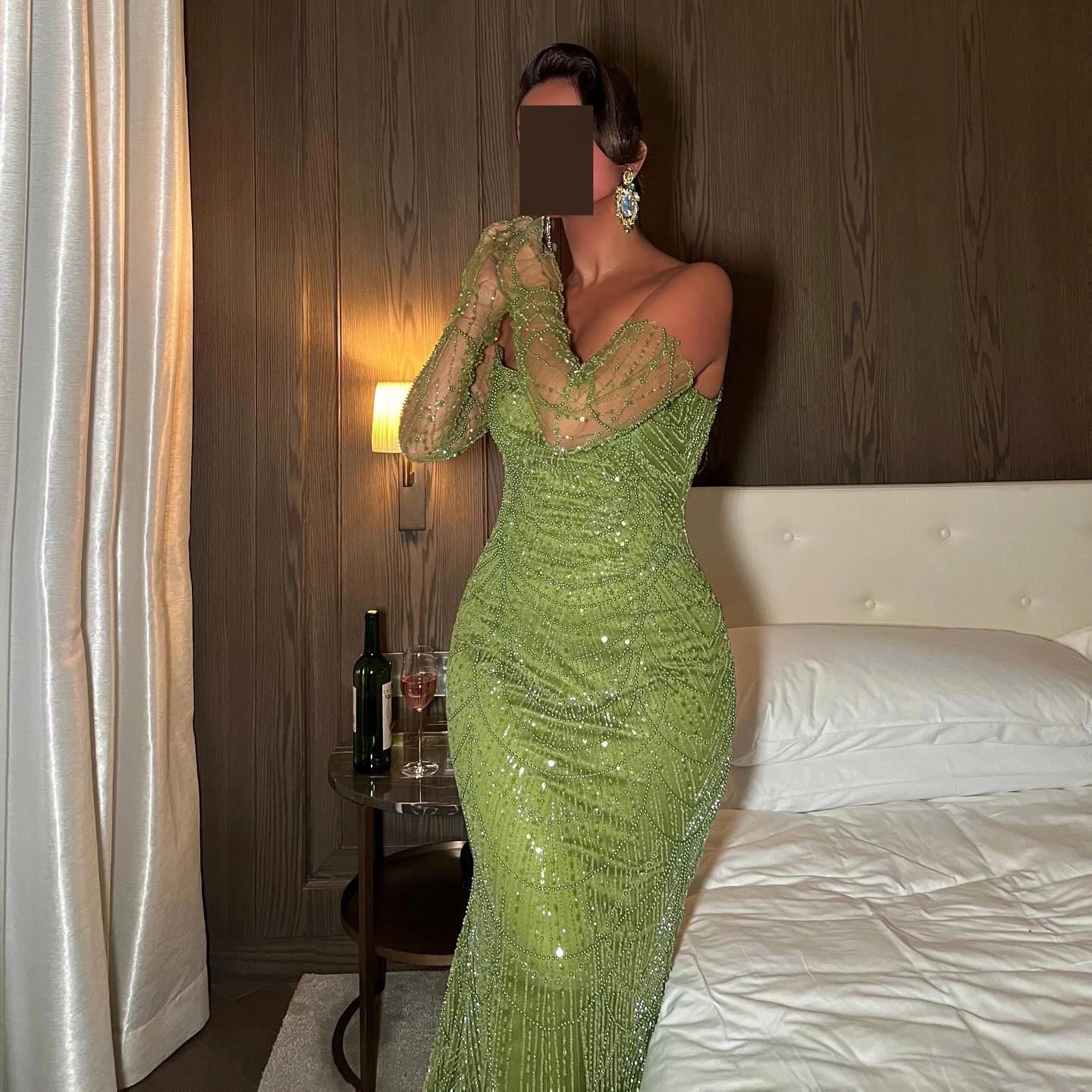 Pearl Mermaid Green Evening Dresses with Gloves