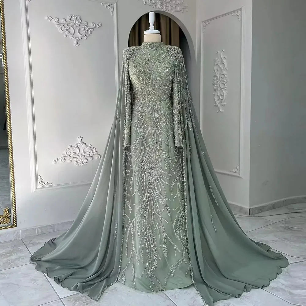 Sage Green Evening Dress with Cape Sleeves – Beaded Satin Party Gown