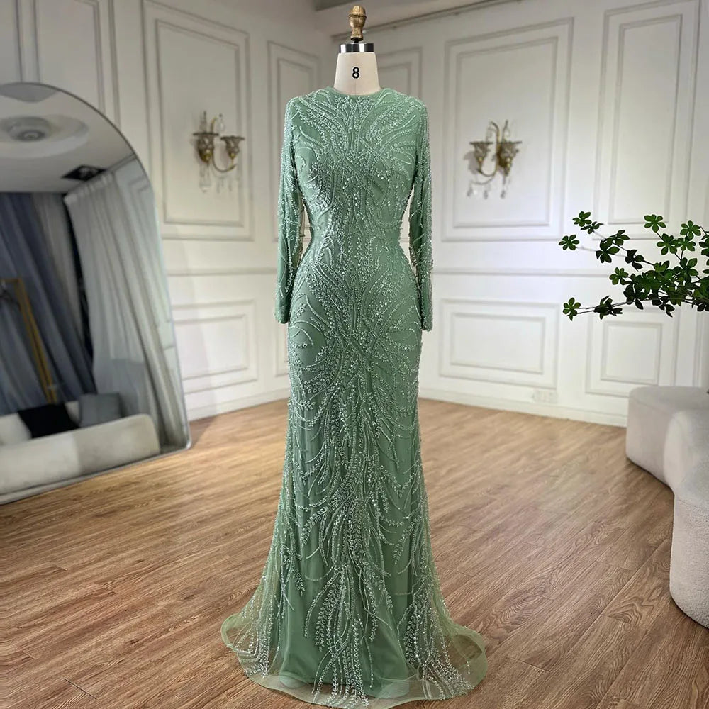 Sage Green Evening Dress with Cape Sleeves – Beaded Satin Party Gown