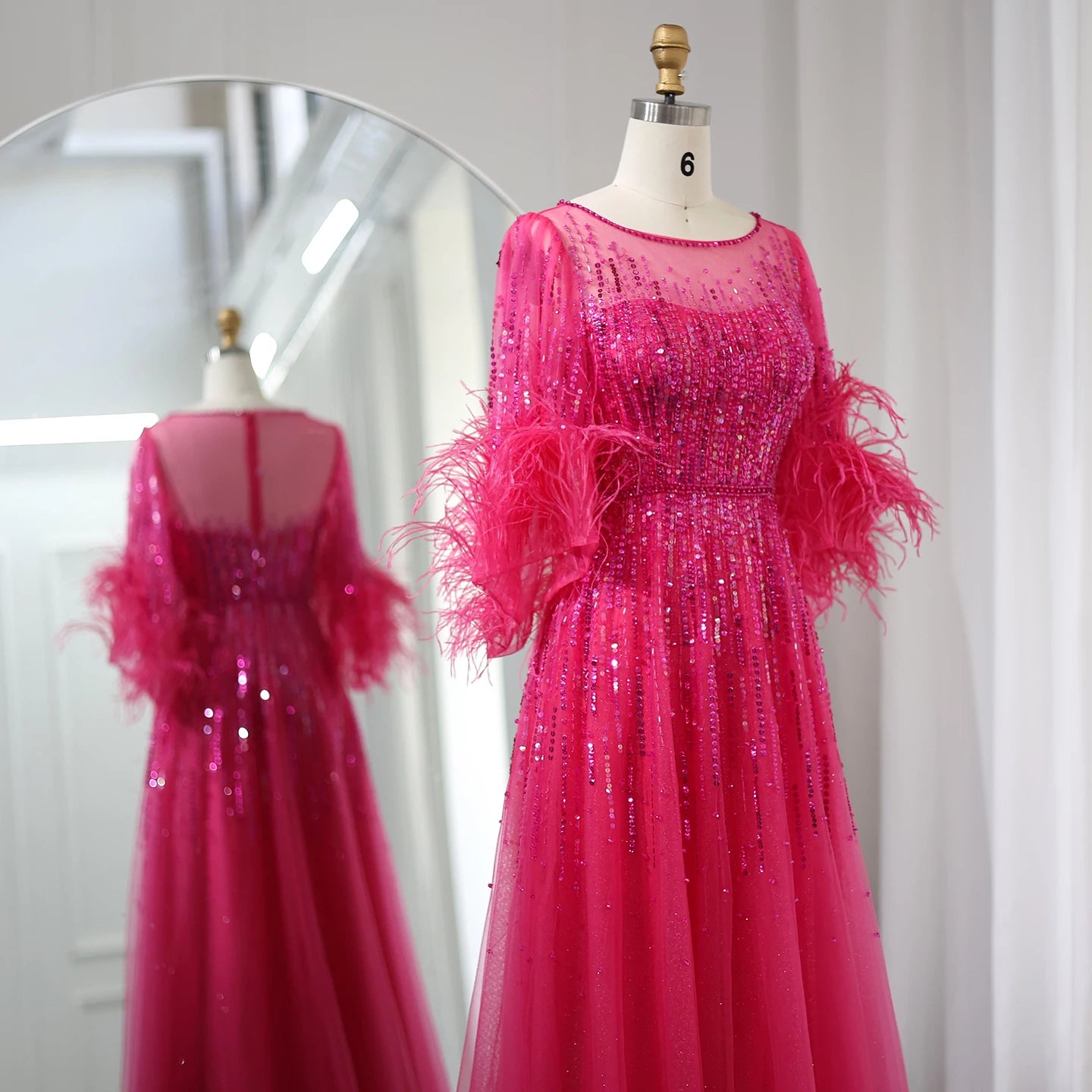 Luxury Feathers Black Evening Dress with Fuchsia Accents