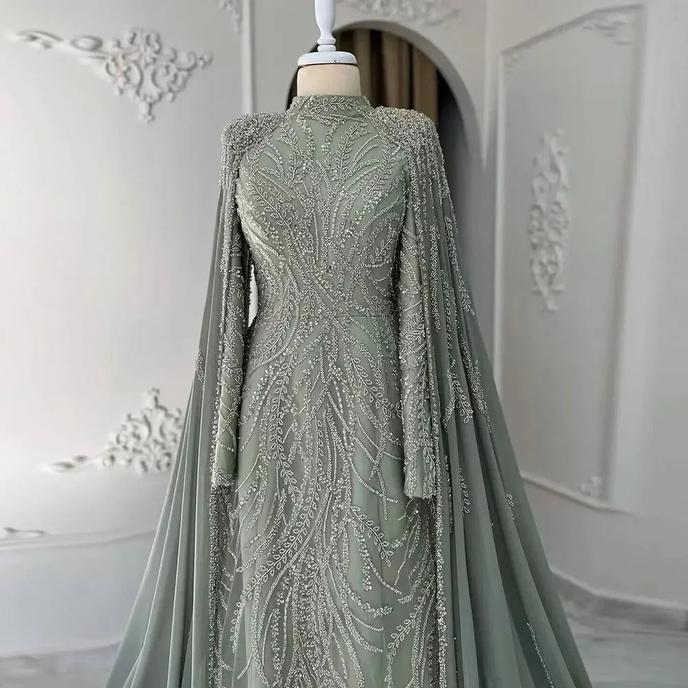 Sage Green Evening Dress with Cape Sleeves – Beaded Satin Party Gown