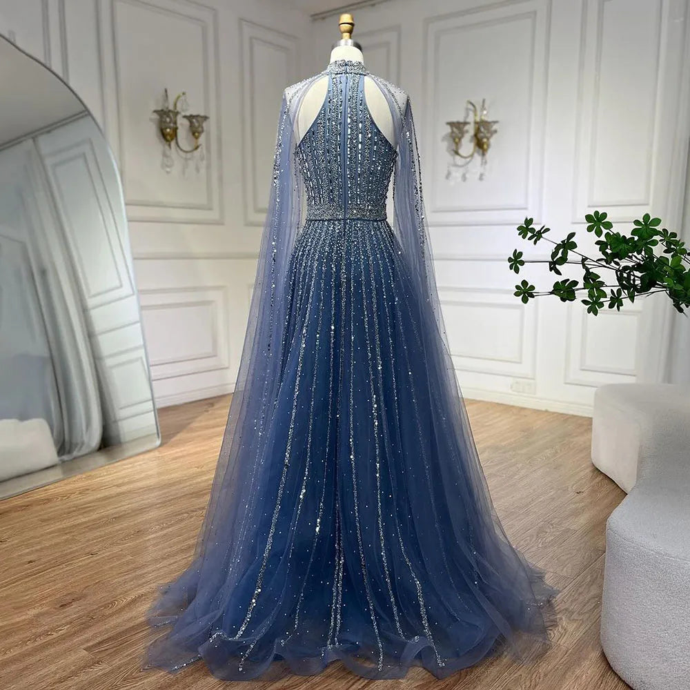 A-Line Evening Dress with Cape Sleeves – Beaded Formal Occasion Gown