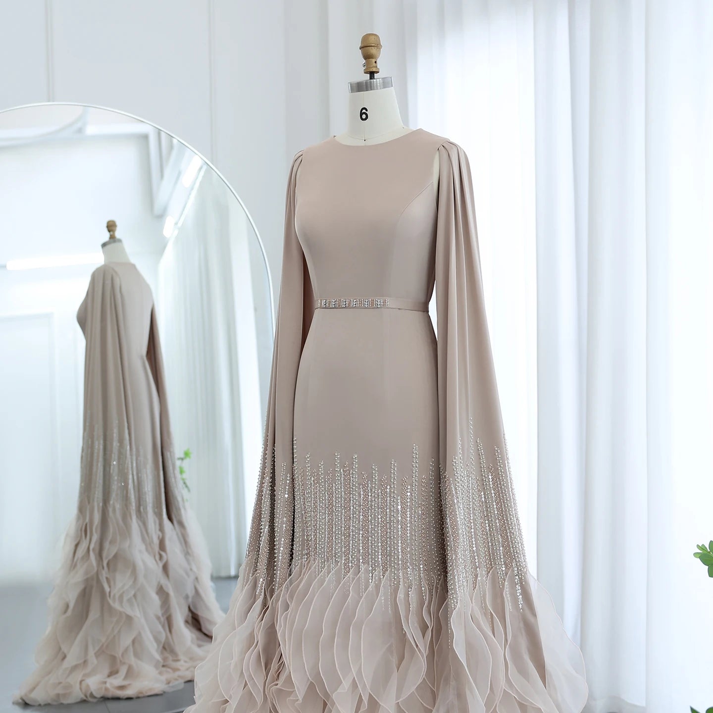 Luxury Mermaid Nude Evening Dress with Cape Sleeves