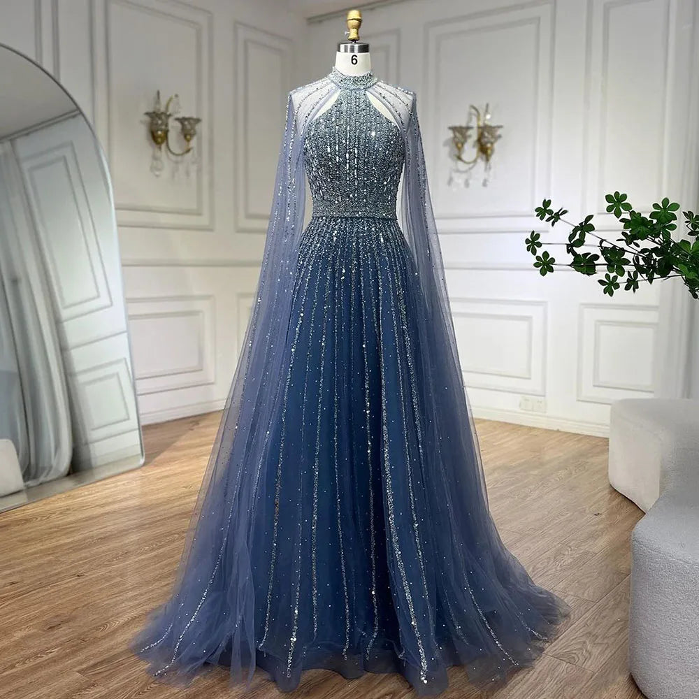 A-Line Evening Dress with Cape Sleeves – Beaded Formal Occasion Gown